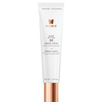 A white tube of Vivier Sheer SPF 30 Mineral Tinted Broad Spectrum UVA/UVB Sunscreen with Antioxidants, featuring a copper cap and butterfly logo. The tube indicates "60 mL | 2 fl oz."