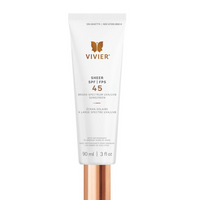 A white tube of Vivier Sheer SPF 45 Broad Spectrum UVA/UVB Sunscreen with Antioxidants. The tube features a rose gold cap and the Vivier butterfly logo, indicating "90 ml | 3 fl oz".