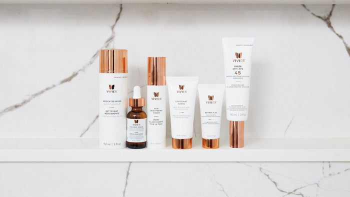 Vivier skincare products for cleansing, brightening, exfoliating, retinol care and sun protection.