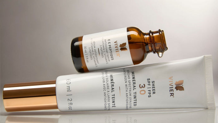 Vivier C E Peptides serum and Sheer SPF 45 Mineral Tinted Sunscreen displayed together on a clean, minimalist background.