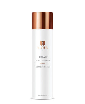 A tall, white bottle of Vivier Hexam Gentle Cleanser with a metallic copper cap and the Vivier butterfly logo. The bottle indicates "150 ml | 5 fl oz" at the bottom.