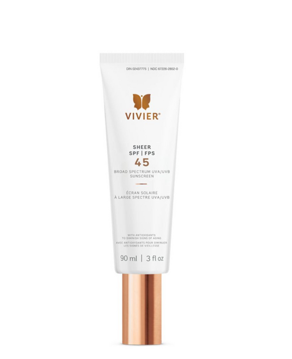 A white tube of Vivier Sheer SPF 45 Broad Spectrum UVA/UVB Sunscreen with Antioxidants. The tube features a rose gold cap and the Vivier butterfly logo, indicating "90 ml | 3 fl oz".